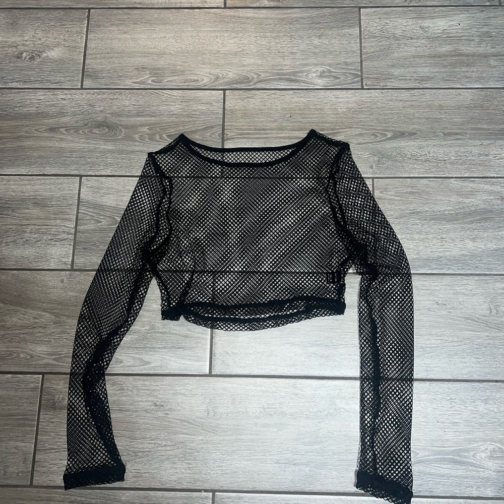 SHEIN Black Mesh Long Sleeve Crop Top